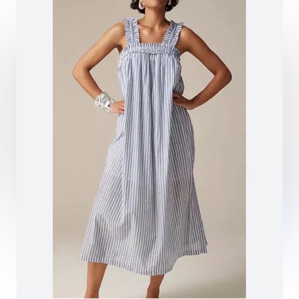 J. Crew Cotton Voile Ruffle-Trim Shift Dress in Blue Stripe
